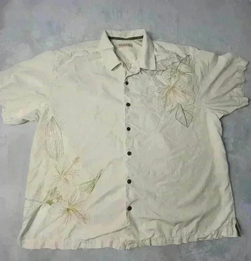 Tommy Bahama Shirt Mens 2XL Biege Floral Short Sleeve Hawaiian 100% Silk - Picture 1 of 8